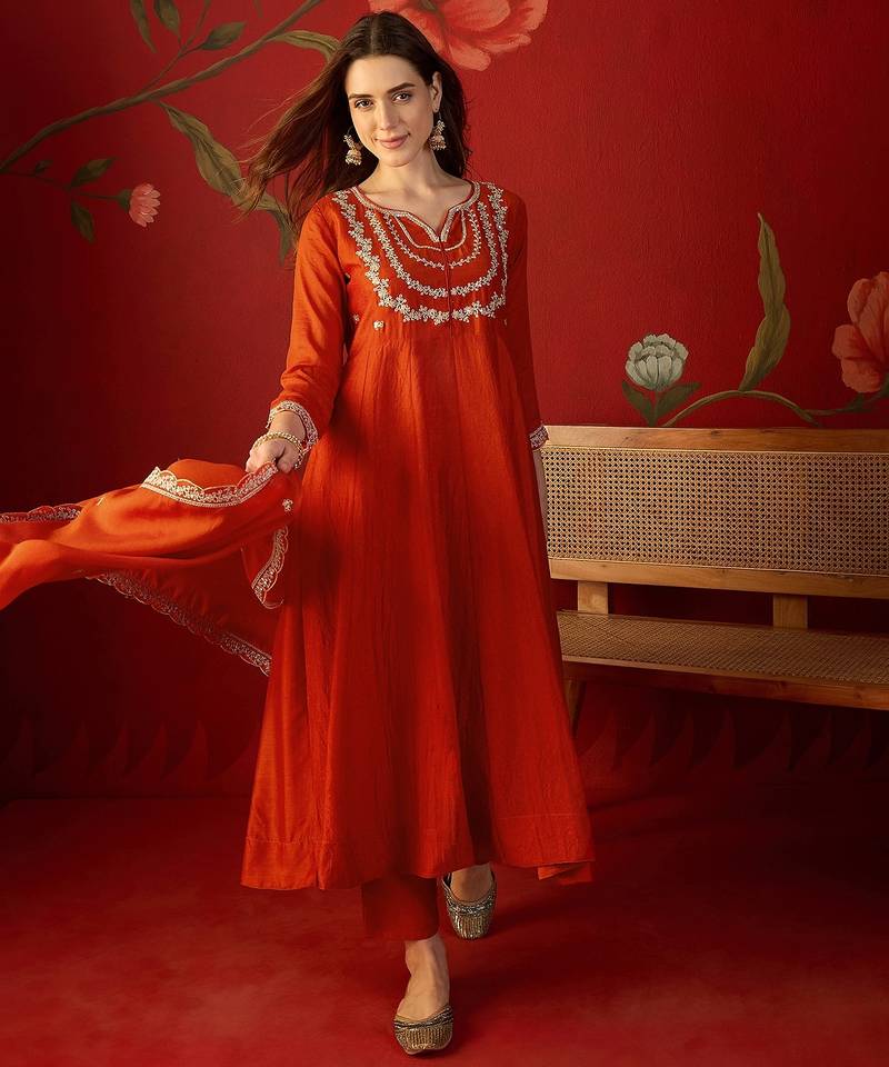 Orange vichitra silk embroidered anarkali kurta set.