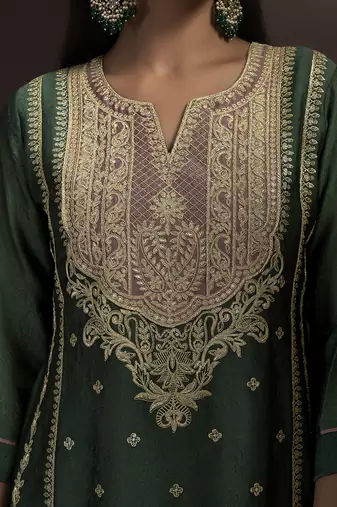 Green embroidered silk blend straight & palazzo