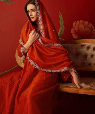 Orange vichitra silk embroidered anarkali kurta set. 4
