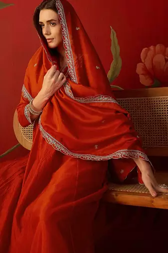 Orange vichitra silk embroidered anarkali kurta set.