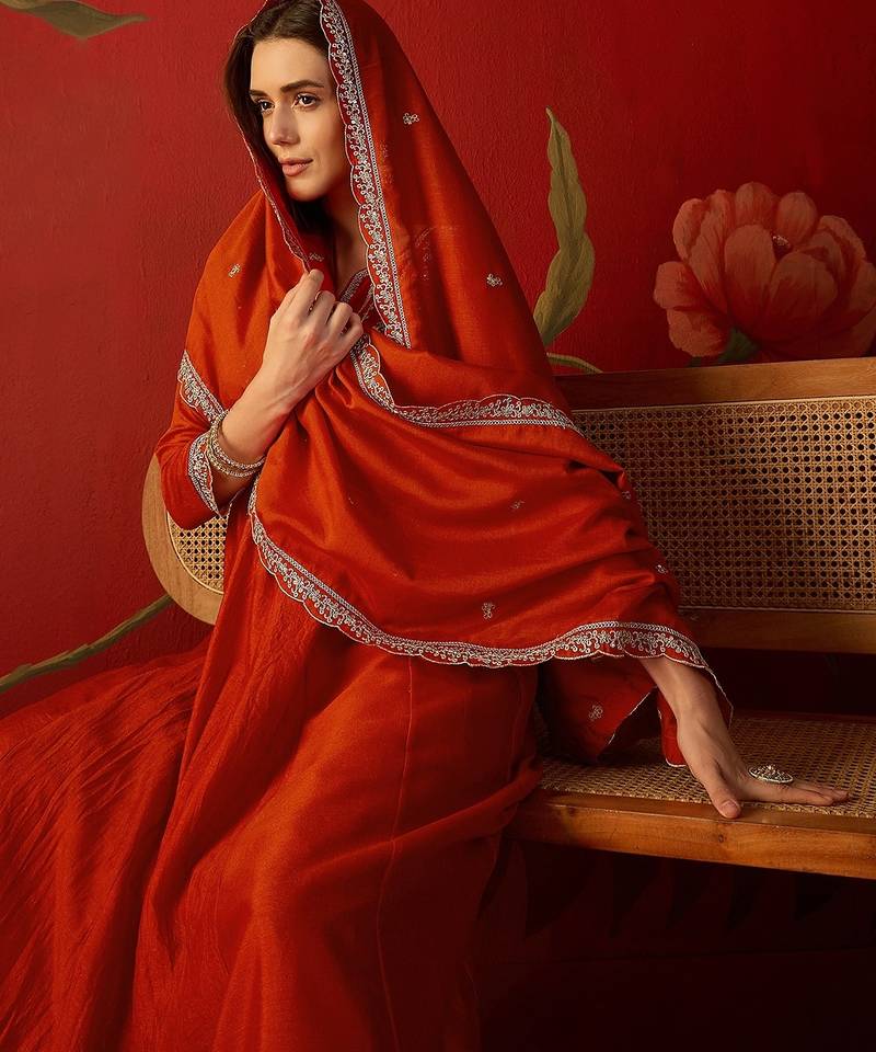 Orange vichitra silk embroidered anarkali kurta set.