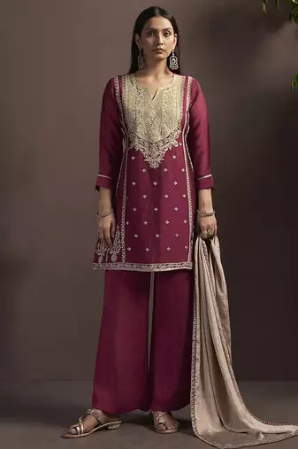 Red embroidered silk blend straight & palazzo