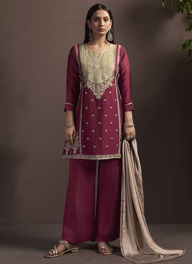 Red embroidered silk blend straight & palazzo