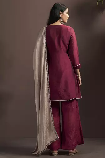 Red embroidered silk blend straight & palazzo