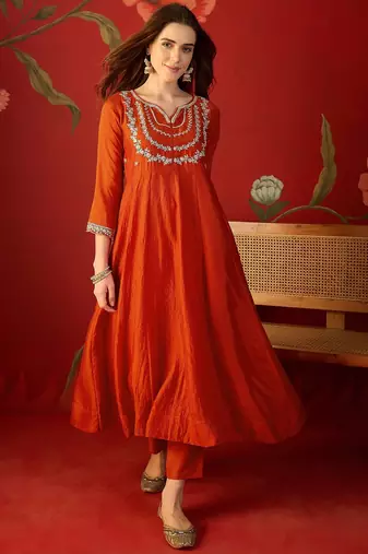 Orange vichitra silk embroidered anarkali kurta set.