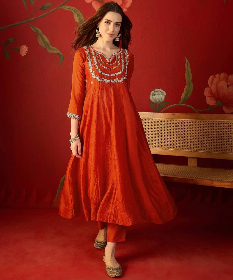 Orange vichitra silk embroidered anarkali kurta set.