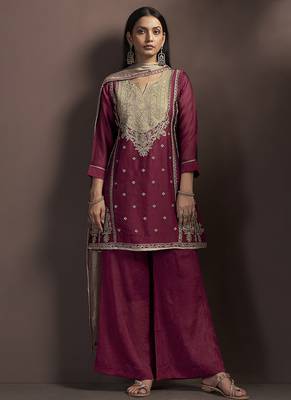 Red embroidered silk blend straight & palazzo 3
