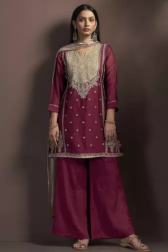 Red embroidered silk blend straight & palazzo