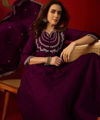 Wine vichitra silk embroidered anarkali kurta set 1
