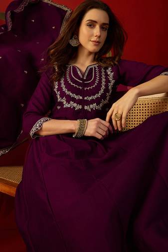 Wine vichitra silk embroidered anarkali kurta set