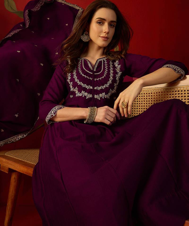 Wine vichitra silk embroidered anarkali kurta set