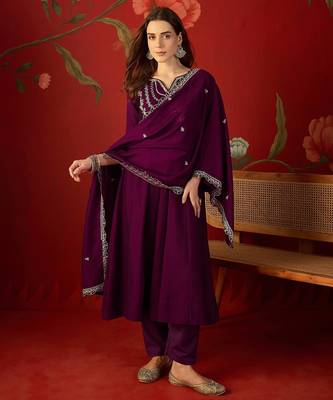 Wine vichitra silk embroidered anarkali kurta set 2