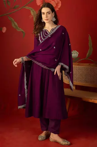 Wine vichitra silk embroidered anarkali kurta set