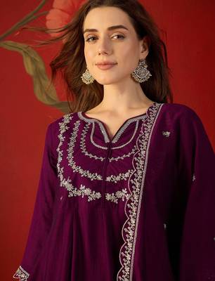 Wine vichitra silk embroidered anarkali kurta set 3