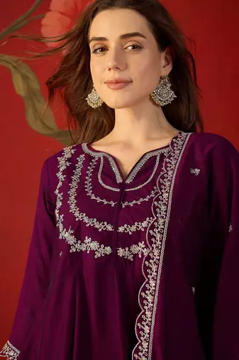 Wine vichitra silk embroidered anarkali kurta set