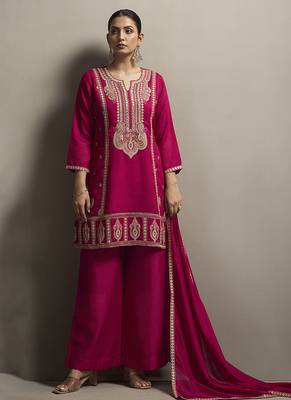 Red embroidered silk blend straight & palazzo 1