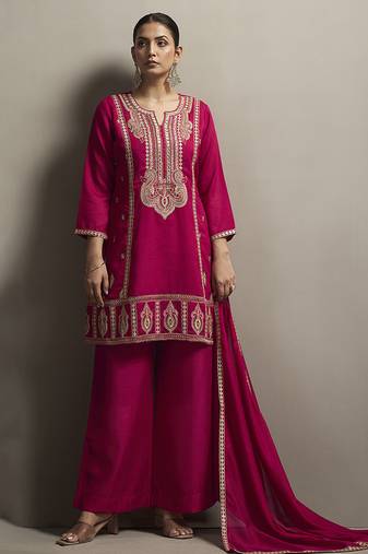 Red embroidered silk blend straight & palazzo