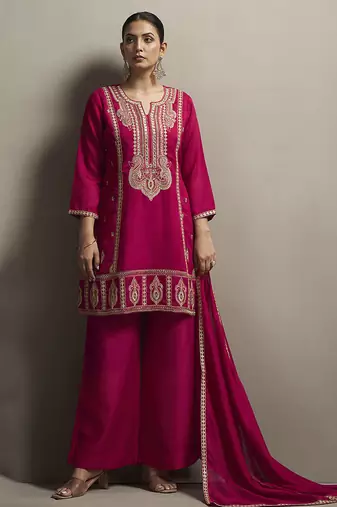 Red embroidered silk blend straight & palazzo