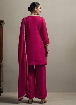 Red embroidered silk blend straight & palazzo 2