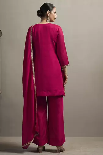 Red embroidered silk blend straight & palazzo