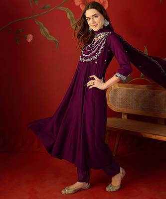 Wine vichitra silk embroidered anarkali kurta set 4