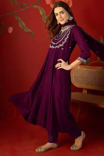 Wine vichitra silk embroidered anarkali kurta set