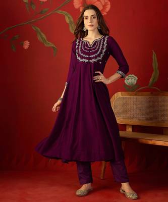 Wine vichitra silk embroidered anarkali kurta set 5