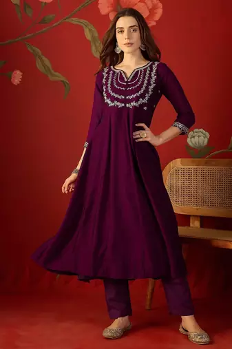 Wine vichitra silk embroidered anarkali kurta set