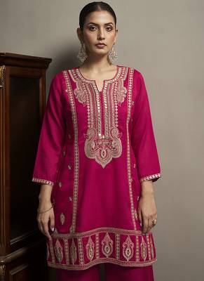 Red embroidered silk blend straight & palazzo 4
