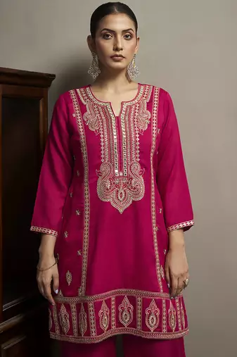 Red embroidered silk blend straight & palazzo