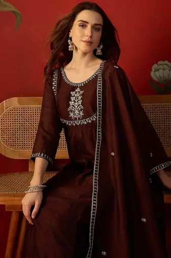 Coffee vichitra silk embroidered anarkali kurta set.