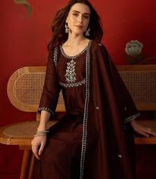 Coffee vichitra silk embroidered anarkali kurta set.