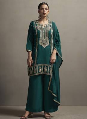 Green embroidered silk blend straight & palazzo 1