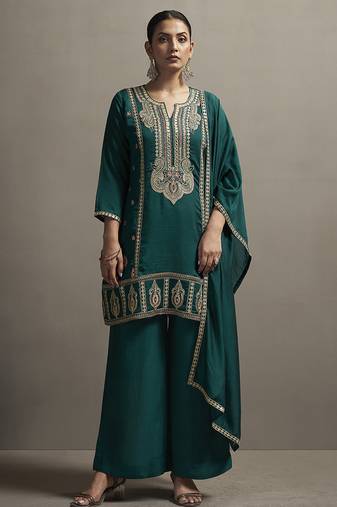 Green embroidered silk blend straight & palazzo