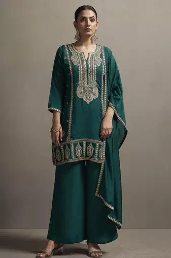 Green embroidered silk blend straight & palazzo