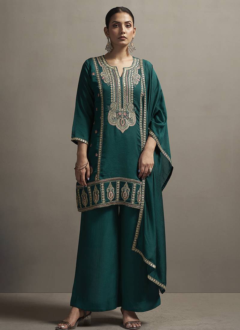 Green embroidered silk blend straight & palazzo