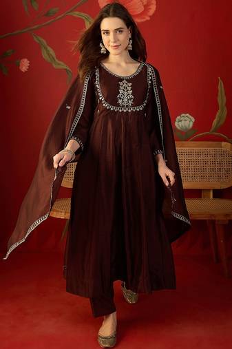 Coffee vichitra silk embroidered anarkali kurta set.