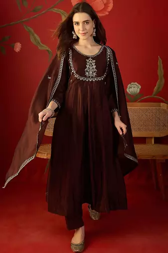 Coffee vichitra silk embroidered anarkali kurta set.