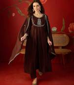 Coffee vichitra silk embroidered anarkali kurta set.