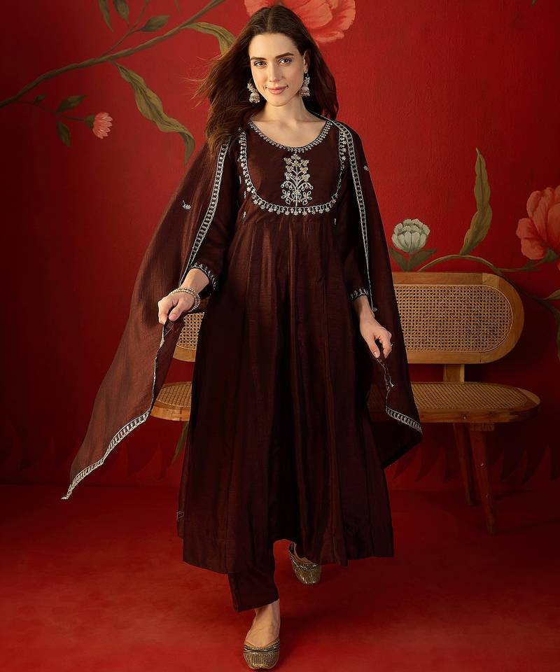 Coffee vichitra silk embroidered anarkali kurta set.