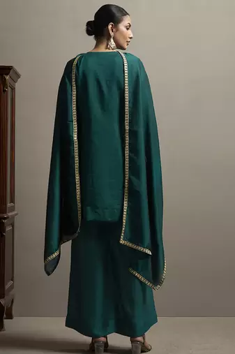 Green embroidered silk blend straight & palazzo