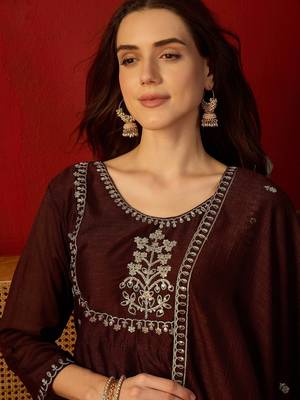 Coffee vichitra silk embroidered anarkali kurta set. 3