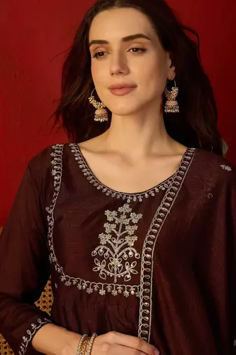Coffee vichitra silk embroidered anarkali kurta set.