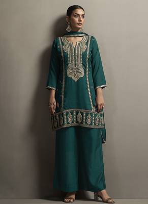 Green embroidered silk blend straight & palazzo 3