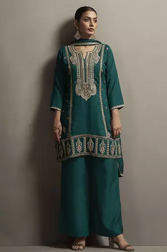 Green embroidered silk blend straight & palazzo
