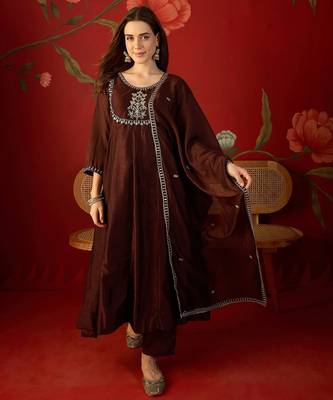 Coffee vichitra silk embroidered anarkali kurta set. 4
