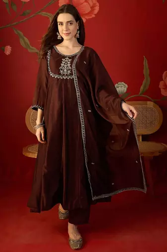 Coffee vichitra silk embroidered anarkali kurta set.