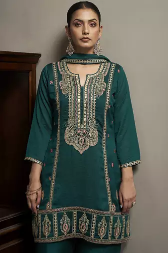 Green embroidered silk blend straight & palazzo