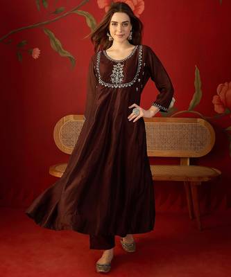 Coffee vichitra silk embroidered anarkali kurta set. 5