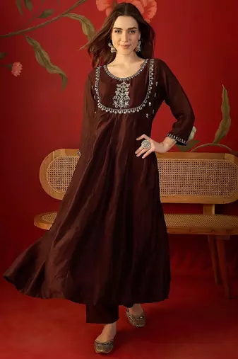 Coffee vichitra silk embroidered anarkali kurta set.